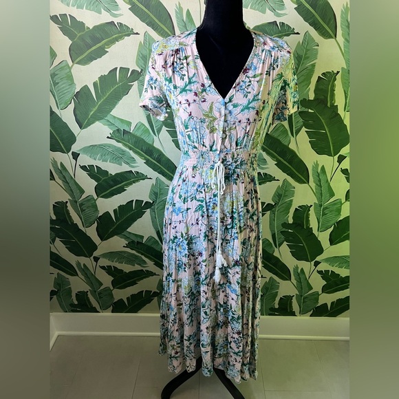 Boutique Pink Floral Midi Dress Button Up Split Summer Boho Long Beach Dress M - Picture 4 of 10